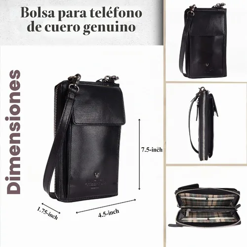 Vista 3 de Bolsos cruzados de cuero genuino pequeños para mujer monedero del teléfono celular, moda casual con correa ajustable Negro