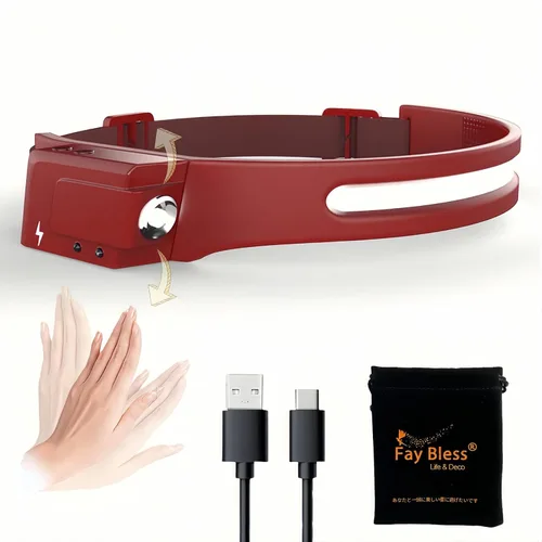 Vista 9 de Fay Bless USB tipo C recargable LED sensor faro con ángulo ajustable (HeadlampBand-JP-Negro 2PCS)
