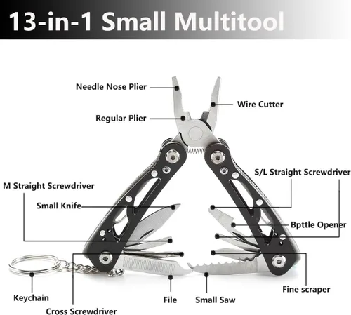Vista 5 de Multiherramienta 13 en 1 de tamaño completo para bricolaje, hogar, jardín, aire libre y EDC, gris - Kit de herramientas versátil todo en uno