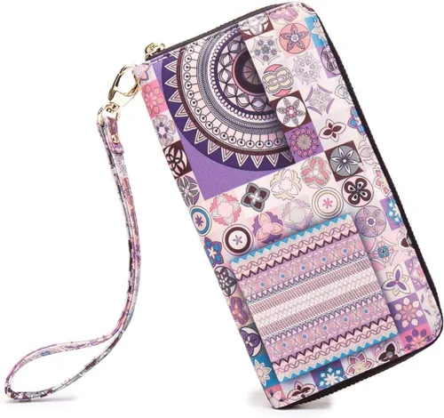 Vista 75 de Cartera de mano para mujer, estilo bohemio, con RFID, elegante, espaciosa con correa para viajes, capacidad para tarjetas, teléfono, dinero