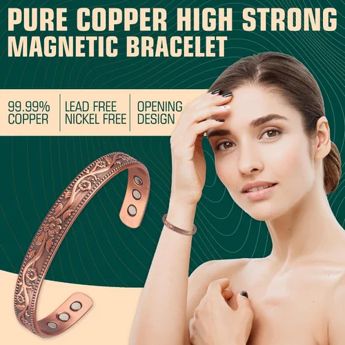 Vista 2 de Pulsera y anillo de cobre de flor vintage, 99.9% cobre puro 3500 Gauss imanes fuertes
