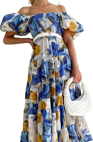 Vista 4 de Vestido largo casual bohemio con hombros descubiertos para mujer, estampado floral, manga corta, estampado floral, holgado, vestido de fiesta, club