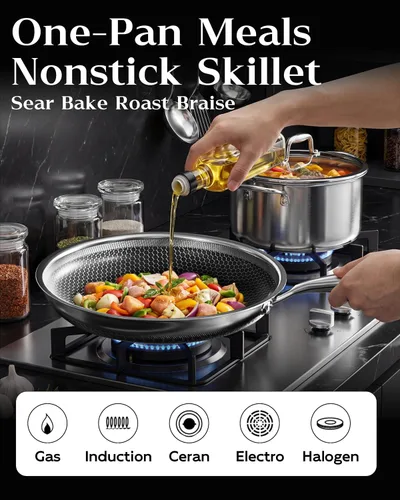 Vista 4 de Sartén antiadherente con tapa de 7 pulgadas, sartén de acero inoxidable duradera, compatible con placa de inducción, sin PFOA, a prueba de arañazos