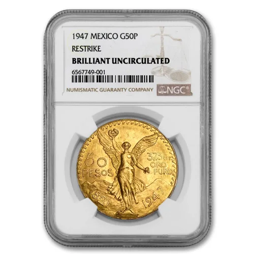 Vista 2 de 1947 Mexican Gold 50 Pesos Coin Brilliant Uncirculated 50 Pesos NGC BU