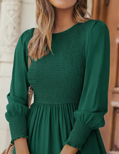 Vista 5 de ZESICA Vestido midi casual de manga larga con cuello redondo, cintura alta, fruncido, fluido y escalonado para mujer