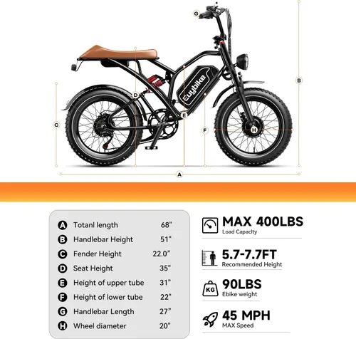 Vista 9 de EUYBIKE Bicicleta eléctrica para adultos, 2000 W/3000 W pico de motor simple/doble con batería de 48 V/52 V, 25 AH/30 AH, neumáticos gruesos de 20 x