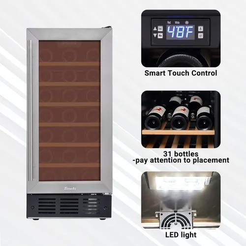 Vista 5 de Enfriador de vino de 15 pulgadas debajo del mostrador, refrigerador de vino integrado de 33 botellas, puerta de vidrio debajo del gabinete, acero