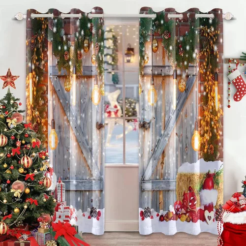 Vista 17 de AWERT Cortinas de Navidad para sala de estar, Navidad tradicional temporada de invierno, árbol de Navidad, juego de 2 paneles de cortinas opacas