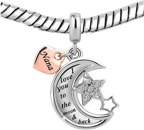 Vista 3 de KunBead Abalorios colgantes de cumpleaños con texto en inglés "I Love You to the Moon and Back" de estrellas compatibles con pulsera Pandora