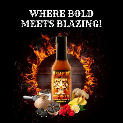 Vista 5 de Hellfire Hot Sauce Kranked - Salsa picante gourmet de ajo negro y Carolina Reaper, presentada en el programa de televisión Hot Ones, 5 onzas.