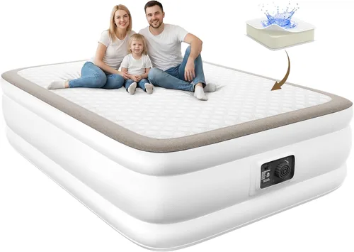 Vista 9 de YENING Colchón de aire tamaño completo con bomba incorporada, cama elevada doble inflable, cama de aire hinchable para camping eléctrico de 18 Beige