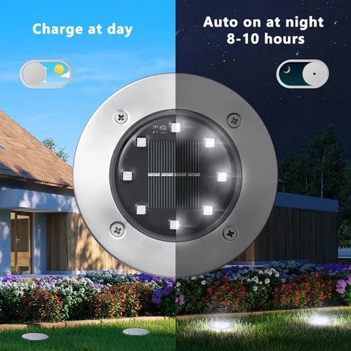 Vista 2 de ODEETRONIC Luces solares de tierra, paquete de 12 unidades de 8 luces LED de disco solar, luz impermeable para exteriores, luz redonda de disco