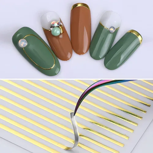 Vista 2 de 8 hojas de calcomanías de uñas de línea dorada, calcomanías autoadhesivas 3D, calcomanías de arte de uñas francesas para uñas acrílicas, suministros
