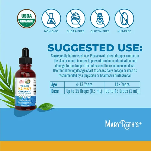 Vista 3 de MaryRuth’s Gotas Líquidas de Vitamina K2 MK7 Orgánicas USDA para Adultos y Niños Obtenidas de Natto Menaquinona- 7 Vitamina K2 Vegana