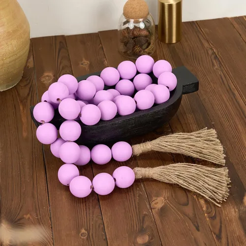 Vista 59 de OMISHE Guirnalda de cuentas de madera extra grande con cuentas de madera y borlas de 1.6 pulgadas de diámetro, cuentas decorativas rústicas de 41