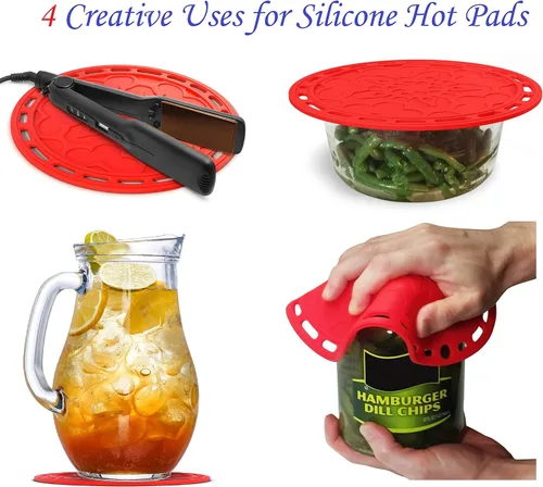 Vista 5 de Silicone Hot Pads (juego de 4) - 6 en 1 herramienta de cocina multipropósito, soporte para recipientes, protector de salpicador, cobertor