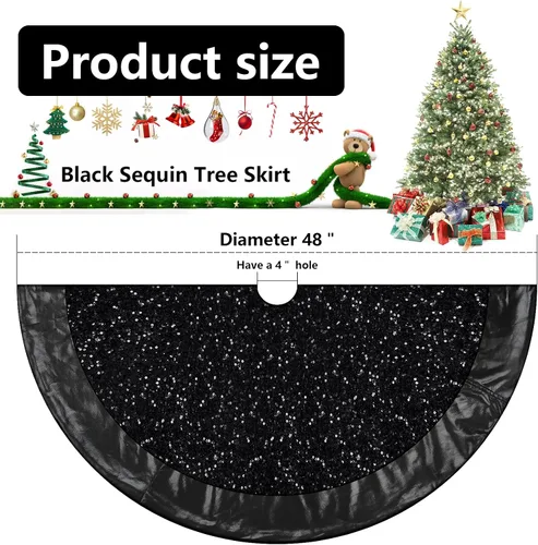 Vista 7 de Falda negra para árbol de Navidad de Halloween de 48 pulgadas, falda de árbol grande con purpurina para árbol de 7.5 pies, falda de árbol