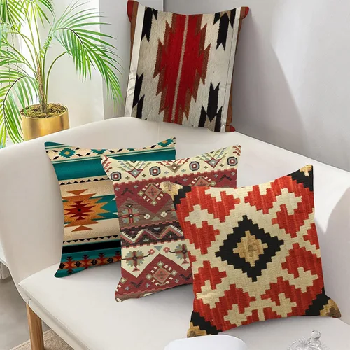 Vista 2 de Jbralid Juego de 4 fundas de almohada con patrones tribales geométricos, indios, nativos, occidentales, suroeste, estilo vintage, algodón, lino