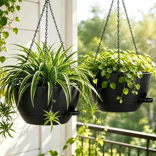 Vista 8 de Macetas colgantes de 10 pulgadas con cadenas, juego de 2, macetas auto-regables de plástico negro para plantas de interior y exterior, decoración