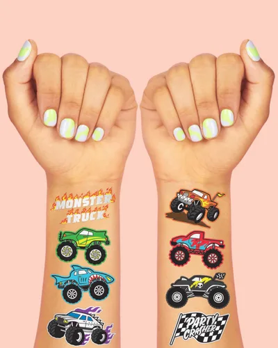 Vista 3 de xo, Fetti Monster Truck Party Supplies - Tatuajes temporales - 42 estilos metálicos Camiones, coches grandes, líneas de acabado + llamas