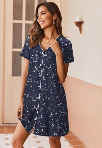 Vista 4 de Ekouaer Camisón de manga corta con botones para mujer, camisón suave con cuello en V