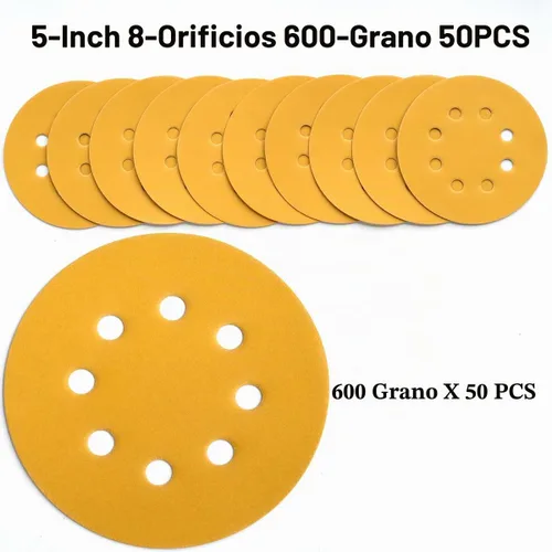 Vista 3 de Discos de lijado de gancho y bucle de 5 pulgadas, 8 agujeros, papel de lija de órbita aleatoria de grano 600, pack de 50