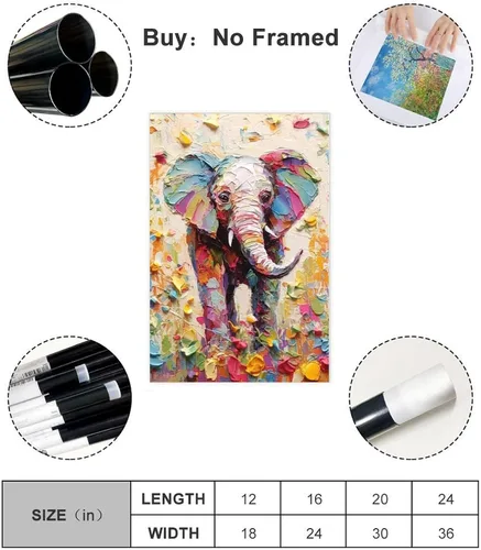 Vista 2 de Fyzuf Arte de pared de elefante - Pintura al óleo sobre lienzo, estilo cubismo, estética de elefante colorido, 12 x 18 pulgadas (11.8 x 17.7 in) sin