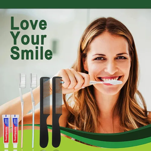 Vista 3 de 30 cepillos de dientes desechables con pasta de dientes y peine envueltos individualmente, 0.35 onzas de pasta de dientes, peine negro de 7