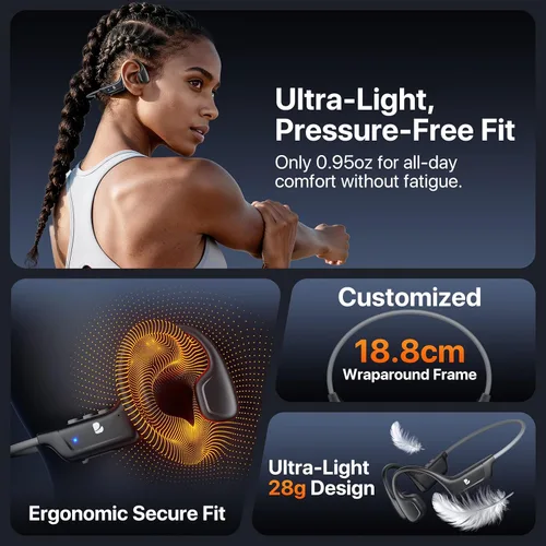 Vista 3 de Auriculares de conducción ósea, auriculares Bluetooth 5.4 de oreja abierta con micrófono, tiempo de reproducción de 10 horas, auriculares deportivos