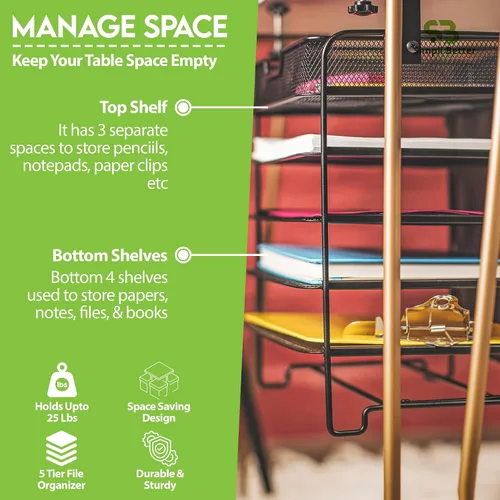 Vista 4 de Organizador de archivos de 5 niveles debajo del escritorio, organizador de archivos colgante con abrazadera, diseño de ahorro de espacio