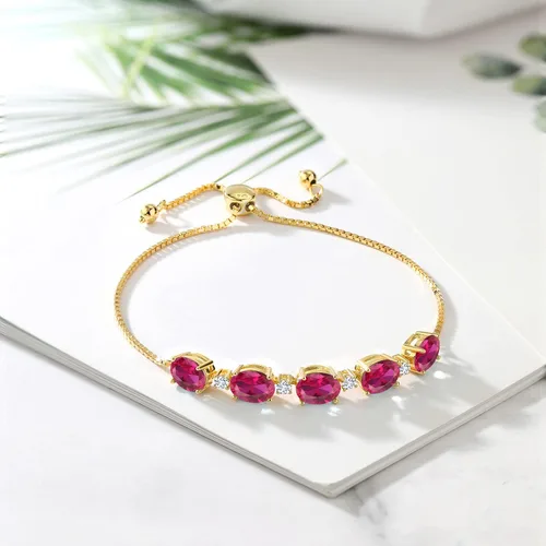 Vista 4 de 18K Yellow Gold Plated Silver Gemstone Birthstone and White Lab Grown Diamond Tennis Bracelet for Women Oval 8X6MM with Round 2.5MM Accents