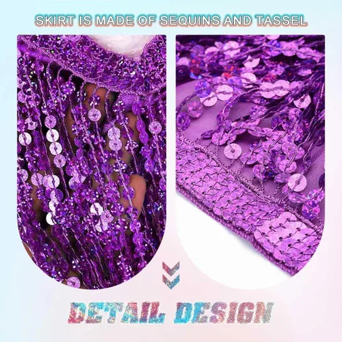Vista 4 de REETAN Falda Boho para danza del vientre con lentejuelas, mascada de cadera con flecos y borlas falda para fiestas, bailes,actuaciones y disfraces