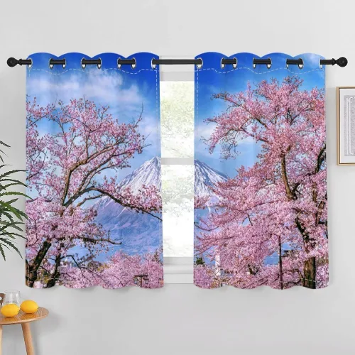 Vista 42 de Cortinas japonesas con pintura de tinta, monte Fuji, sol rojo, puesta de sol, hojas de bambú, cortinas de ventana para dormitorio, sala de estar