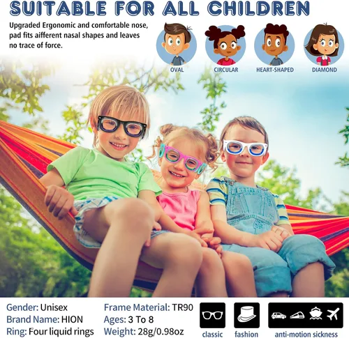 Vista 5 de Hion - Gafas inteligentes anti-mareo para niños (para niños de 3 a 8 años) – Gafas líquidas ultra ligeras y portátiles que alivian las náuseas