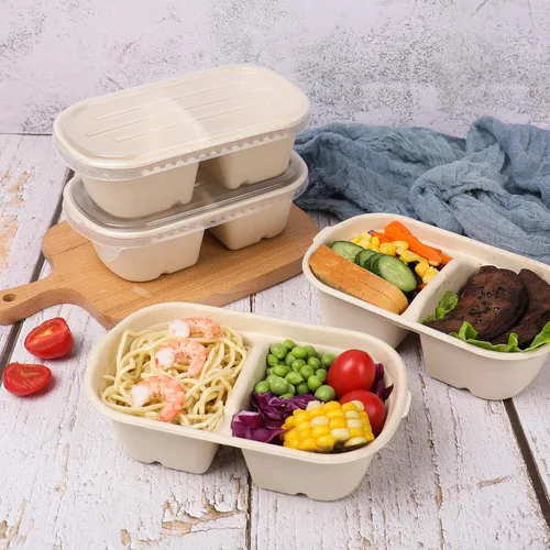 Vista 4 de 23 oz 2 compartimentos cuencos desechables con tapas Fibra vegetal Paquete de 50