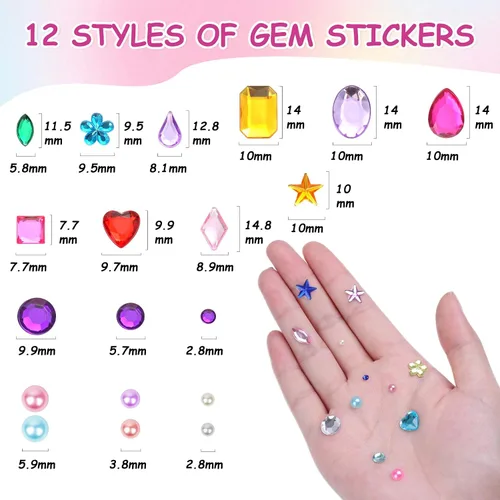 Vista 3 de Calcomanías de gemas, 1876 unidades, 12 formas, autoadhesivas, diamantes de imitación, multicolor, varios tamaños, 17 hojas de gemas brillantes