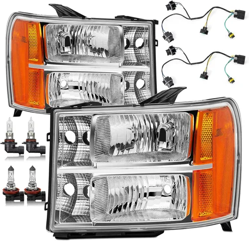 Vista 5 de Par de ensamble de faros Reinko compatible con GMC Sierra 1500 2007-2013/Sierra 2500HD 3500HD 2007-2014, carcasa de lámpara de repuesto cromada
