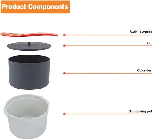 Vista 2 de Olla de arroz para microondas con vaporizador, olla para pasta para microondas con colador, juego de utensilios de cocina para microondas de 2 L