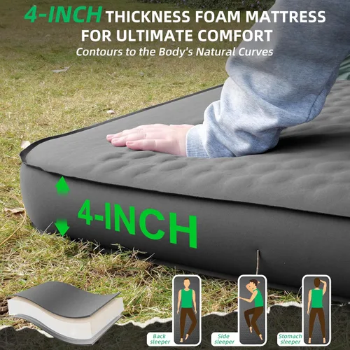 Vista 2 de Colchoneta de dormir autoinflable con bomba eléctrica, espuma viscoelástica ultra gruesa de 4 pulgadas con almohada, colchón de campamento aislado