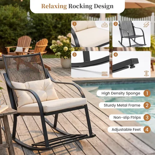 Vista 6 de COSIEST Juego de 3 sillas mecedoras para exteriores, muebles de patio de ratán para todo tipo de clima con 2 sillas, mesa de centro y cojines
