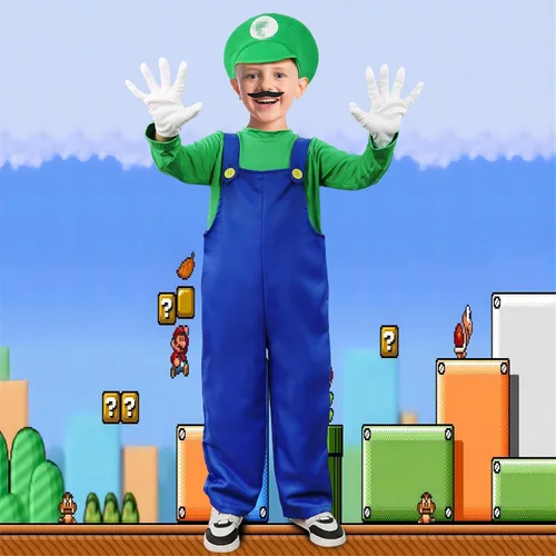 Vista 5 de Vermeyen Disfraz de Super Brothers para niños y adultos, traje de fontanero con sombrero, bigote, guantes, accesorio para disfraz de Halloween