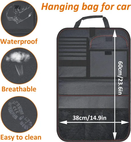 Vista 2 de Organizador de asiento trasero de automóvil de tela Oxford con bandeja plegable para usar como mesa infantil y bolsa de viaje para guardar artículos