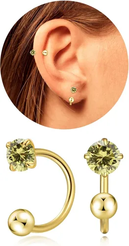 Vista 33 de Pequeños aretes de piedra natal natural de 0.118 pulgadas para mujeres, adolescentes y niñas, pequeños aretes de medio aro para cartílago