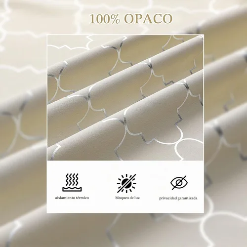 Vista 3 de Enactex, cortinas 100% opacas de 63 pulgadas de largo, cortinas beige con aislamiento térmico con patrón geométrico plateado metálico, cortinas