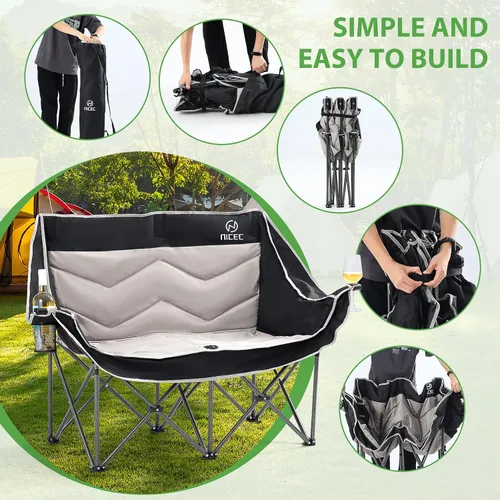 Vista 7 de Nice C Silla de camping biplaza, silla de campamento doble, sofá de campamento al aire libre, banco plegable de gran tamaño, silla plegable