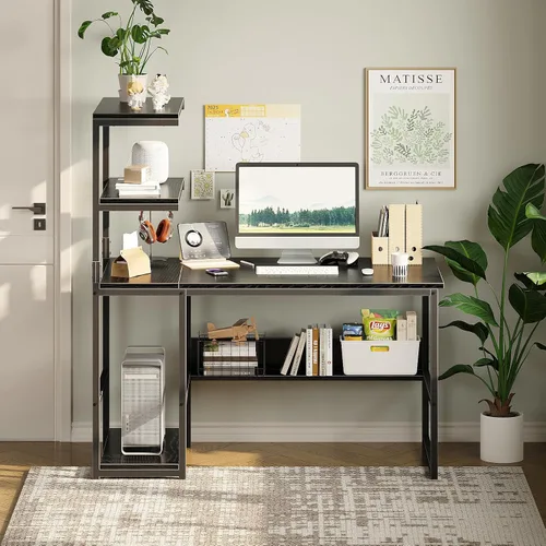 Vista 7 de ALISENED Escritorio para computadora de 47 pulgadas con estantería y Negro