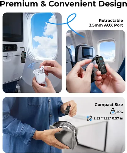 Vista 5 de Receptor transmisor Bluetooth 5.4 para 2 AirPods/auriculares, adaptador Bluetooth de avión 2 en 1 con micrófono para llamadas manos libres, baja