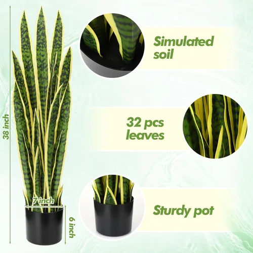 Vista 3 de Crowye Paquete de 2 plantas de serpiente artificial de 3.15 pies de alto, planta de Sansevieria sintética, serpiente falsa grande a granel en maceta