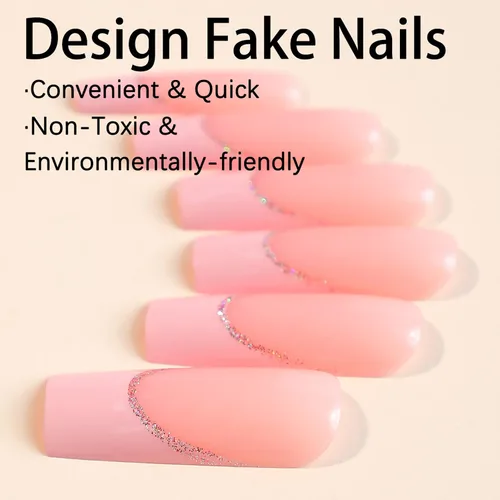 Vista 3 de 24 piezas de uñas postizas largas a presión de verano, uñas postizas de punta francesa, uñas postizas con purpurina rosa, diseños de puntas de uñas