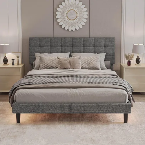 Vista 8 de Base de cama moderna de plataforma tapizada de tamaño Queen, marco de cama de lino con luces, cabecera ajustable con costuras cuadradas, sistema